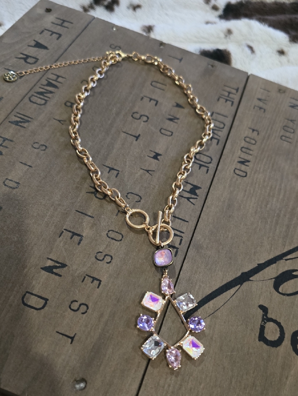 Gold-Tone Necklace with Pink & Purple Gemstone Pendant